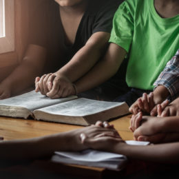 people holding hands around table