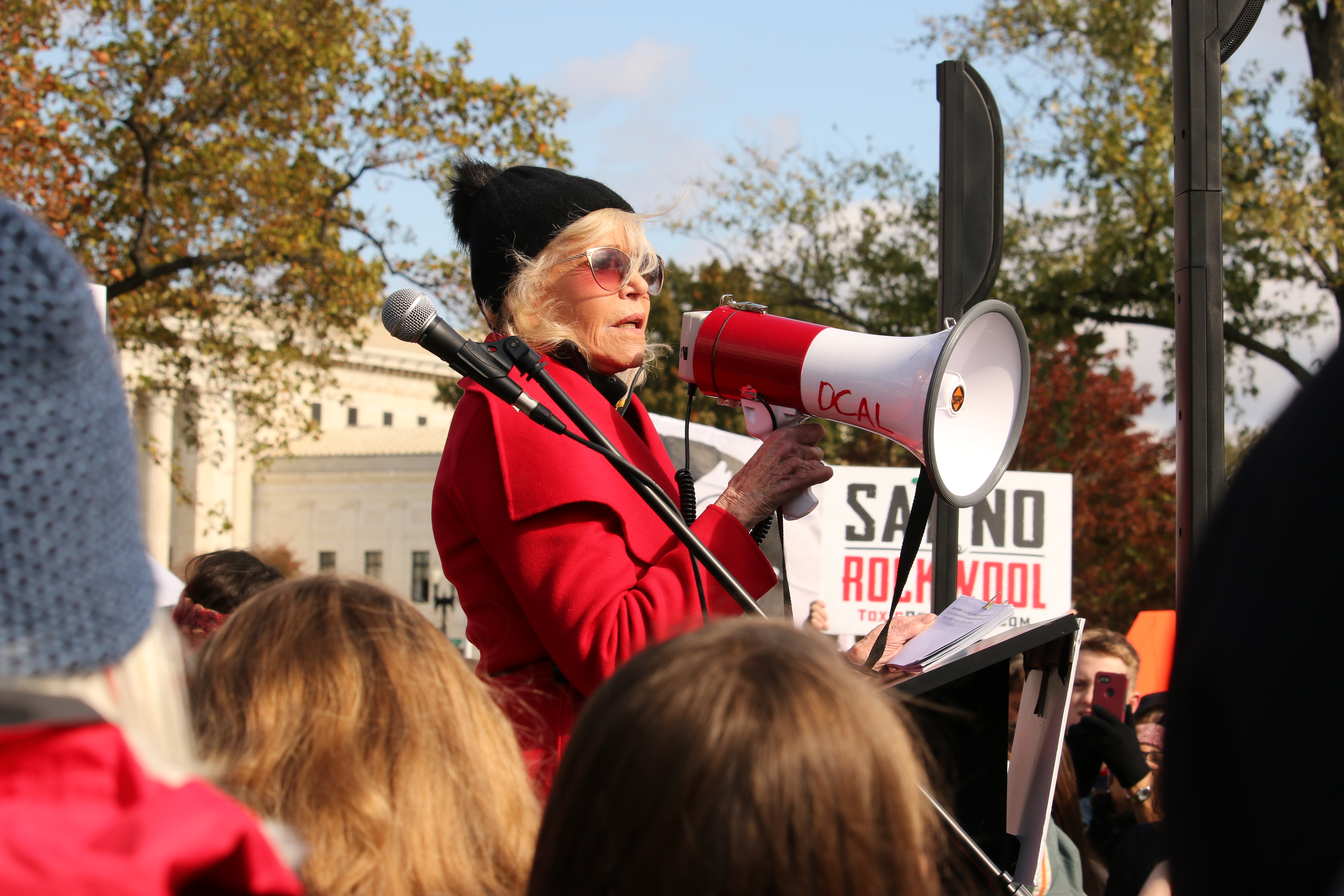 jane fonda talking into megaphone
