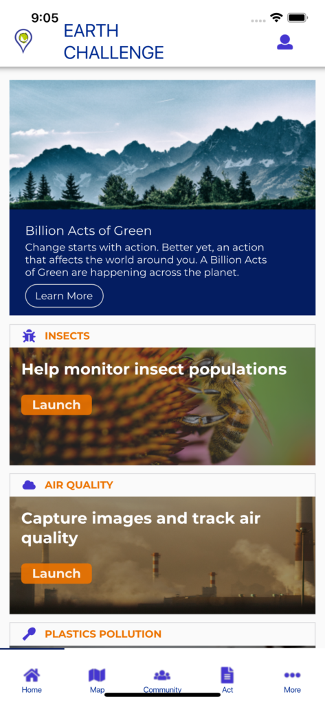 View of the Global Earth Challenge app homepage