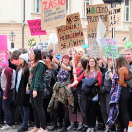 Teenagers attending a strike for the climate and holding up signs