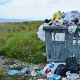 Garbage overflowing with plastic bags and waste in a green field