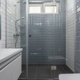 Gray and white bathroom and shower