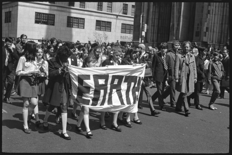 Strike with multiple people with banners, black and white image.