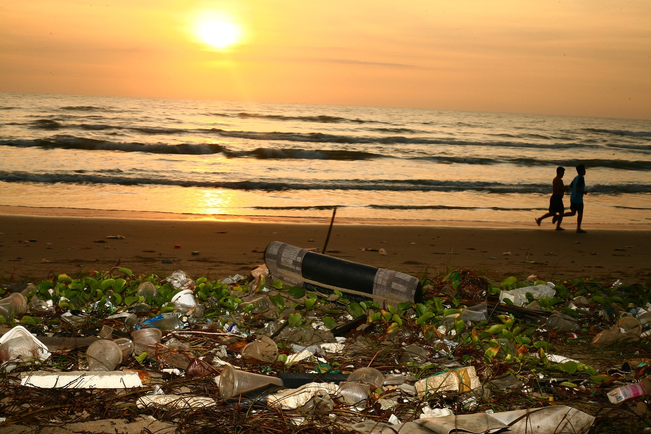beach sunset with plastic
