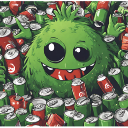 Green holiday monster with soda cans