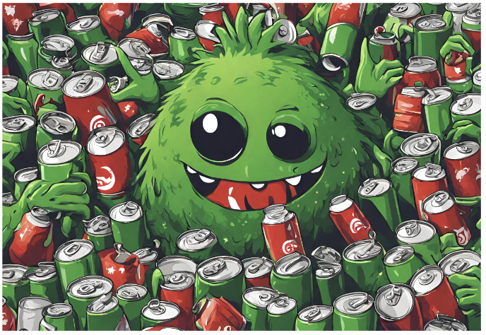 Green holiday monster with soda cans