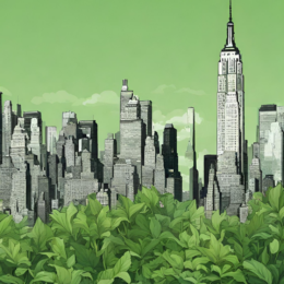 New York skyline with green leaves