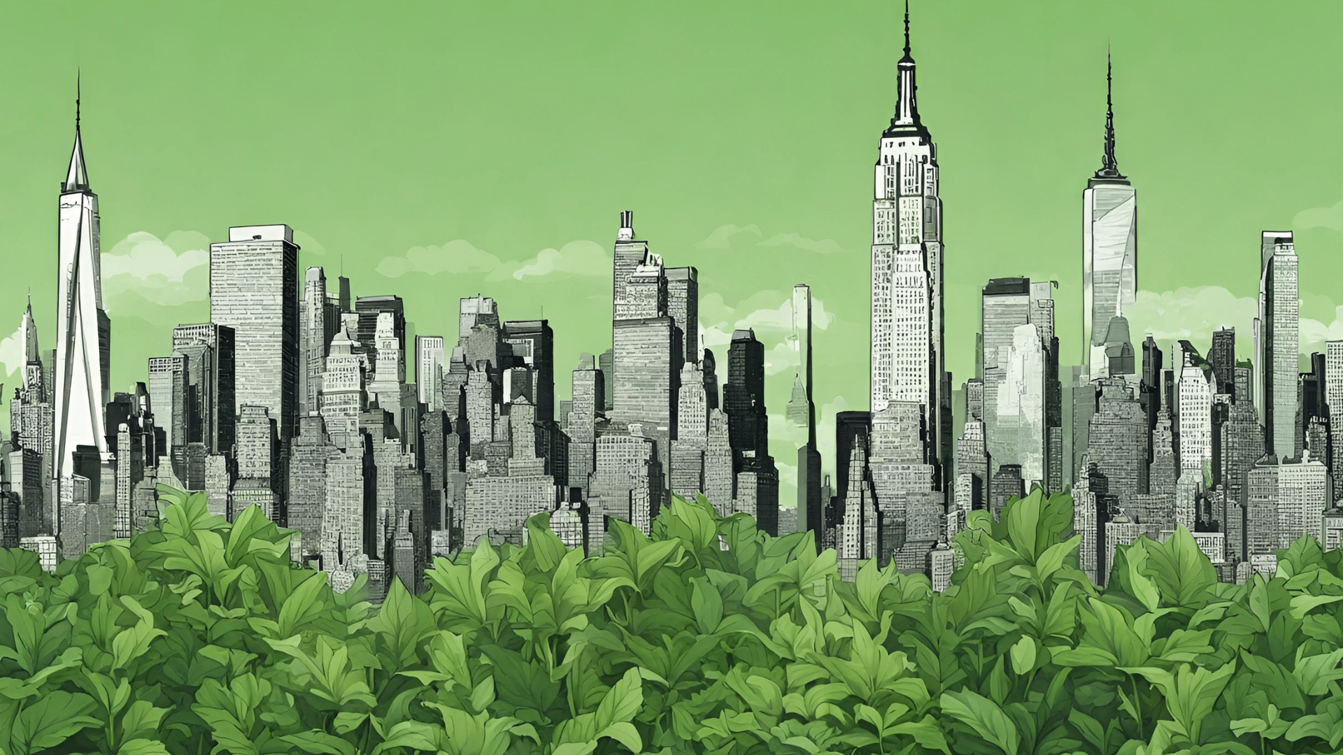 New York skyline with green leaves