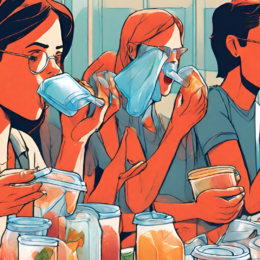 Cartoon people eating plastic