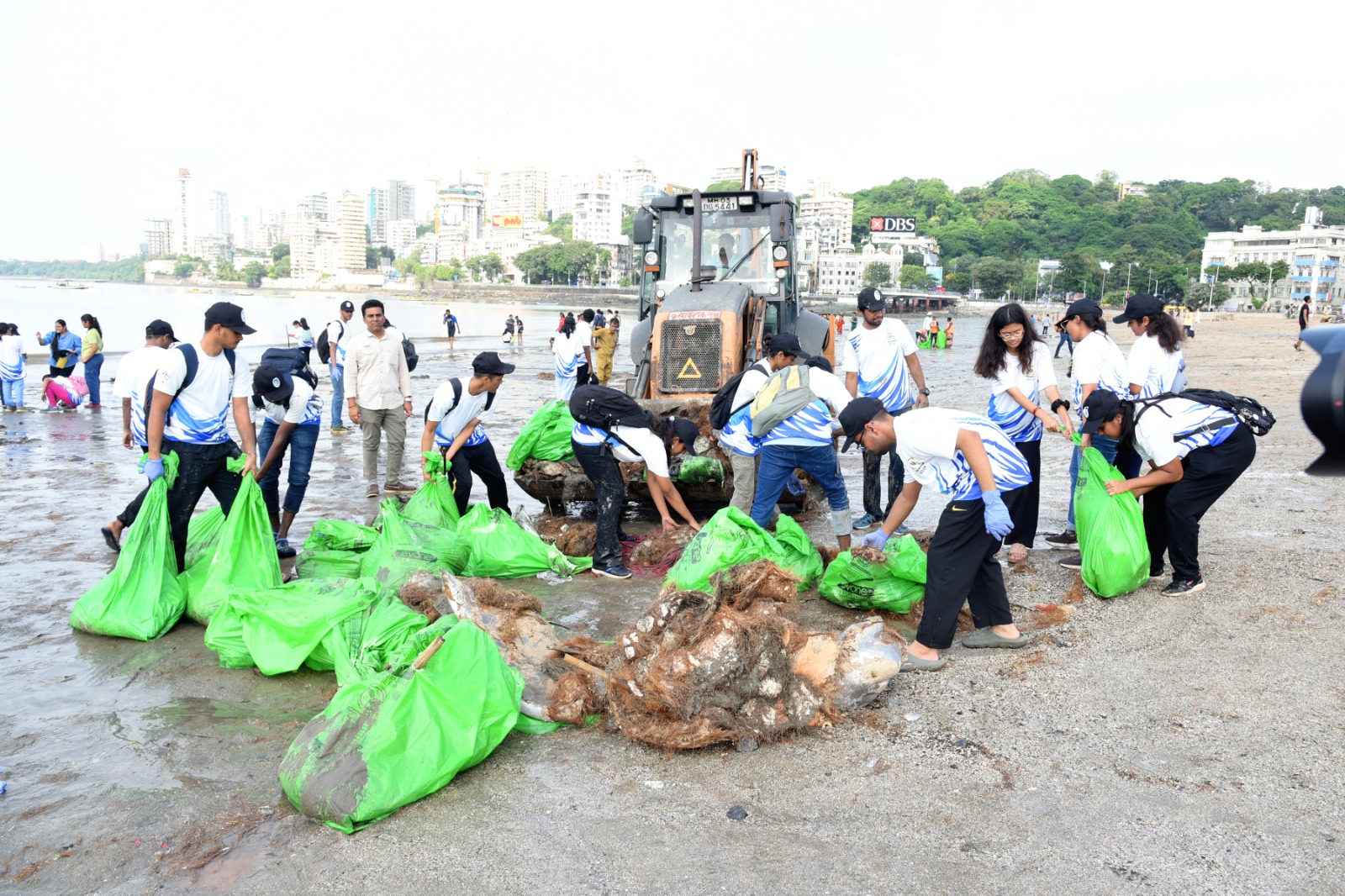 Volunteer use machinery to help cleanup piles of trash on the beach