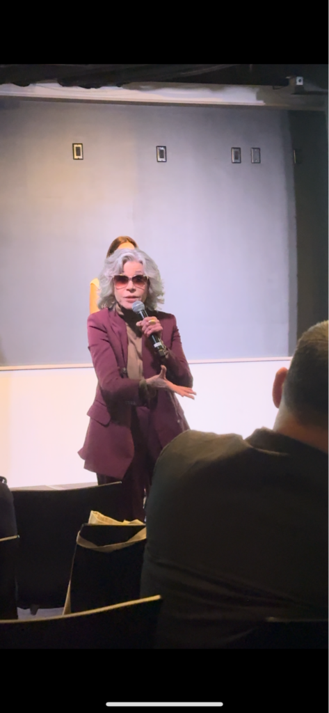 Jane Fonda makes an impromptu speech at The Future of the Fossil Fuel Industry event.