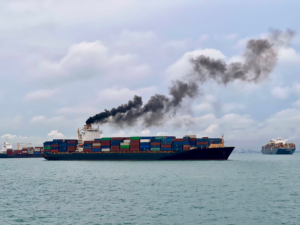 Container ship emitting air pollution