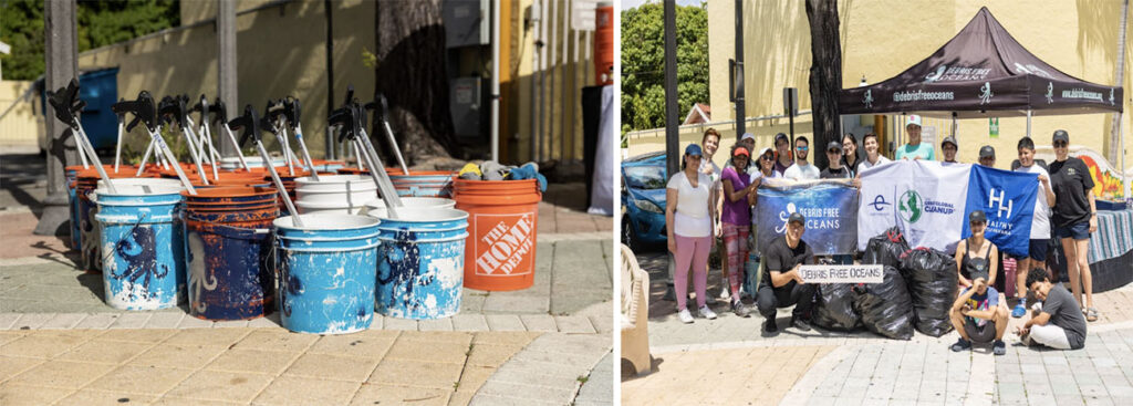 (Left) Buckets and grabbers set up for volunteers before the cleanup (Right) Volunteers and organizers pose after the cleanup
