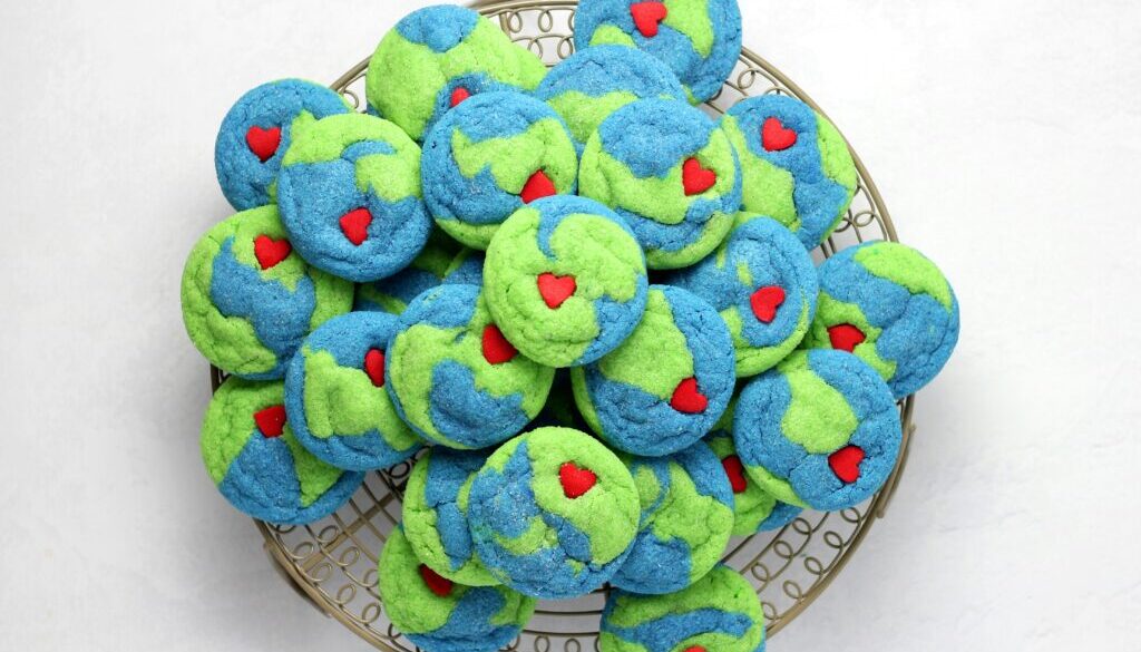 Image of felt earth "cookies" cooling on a cooling rack, a conceptual image of environmental activism
