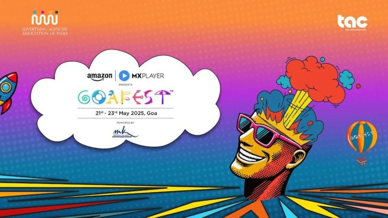 GoaFest poster image of a festival participant with sunglasses and wild hat/image of mind being blown, in a surreal landscape with hot air balloon