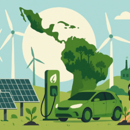Central and South America map with renewable energy imagery.