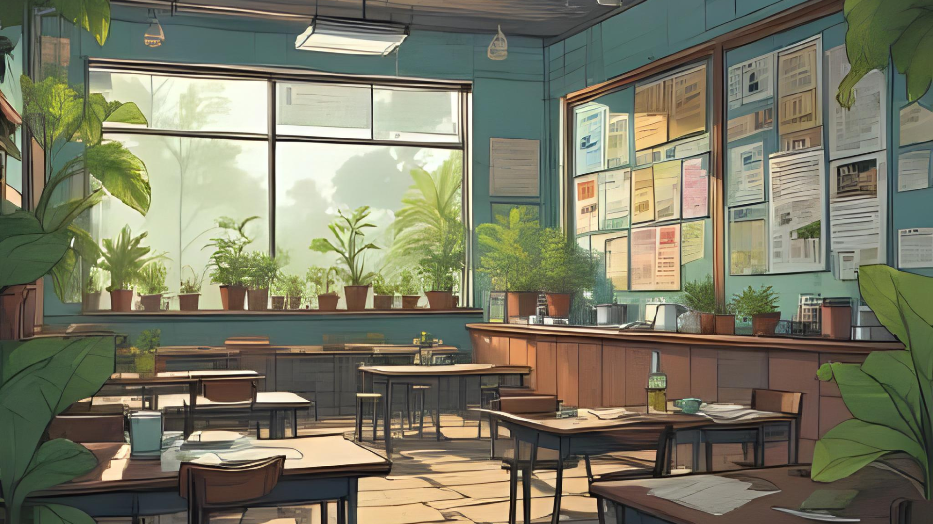Artistic classroom with green plants.