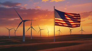 Wind turbines and United States flag.