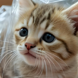 Kitten wrapped in plastic.