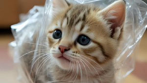 Kitten wrapped in plastic.