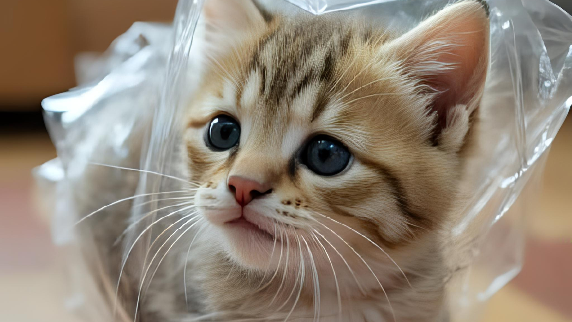 Kitten wrapped in plastic.