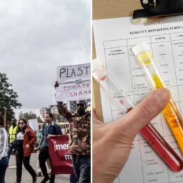 Aidan Charron holds protest sign in fight against plastics event