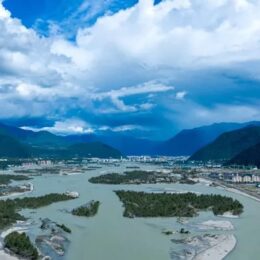 Sky/drone photo of China's enormous hydropower dam project that has begun development