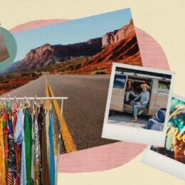 Collage of typical thrifting finds atop a photo of the open road.