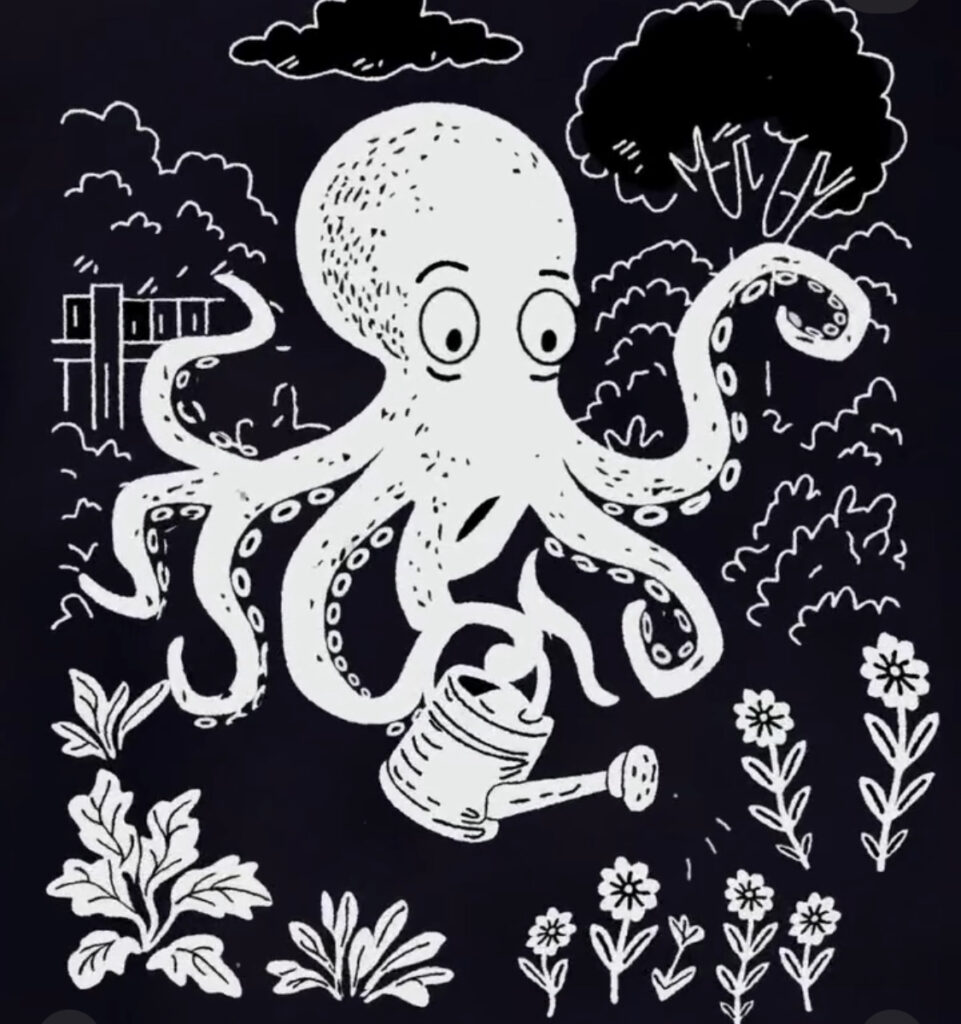 Drawn octopus with a watercan