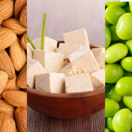 Triptych of edamame, tofu, nuts