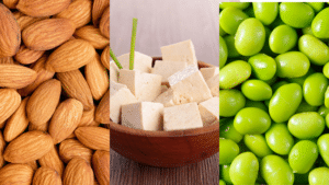 Triptych of edamame, tofu, nuts