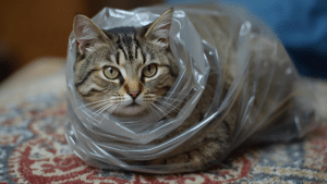 Cat wrapped in plastic