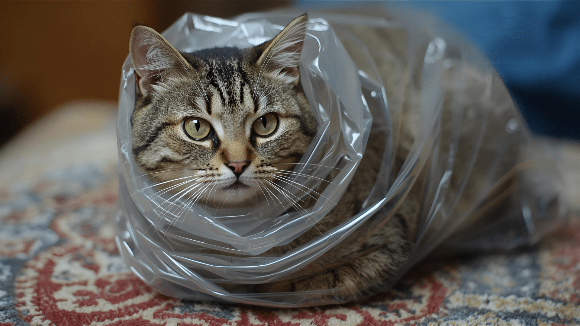 Cat wrapped in plastic