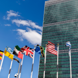 United Nations headquarters with flags