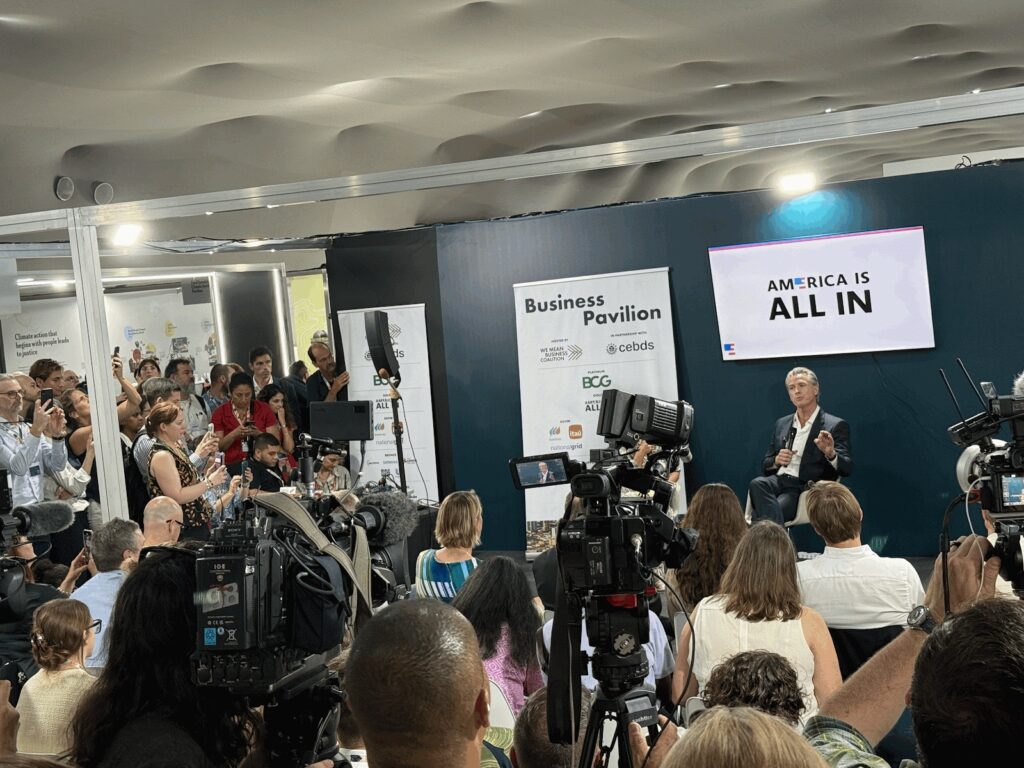 Gavin Newsom, Governor of California, giving a speech in the Business Pavilion at COP30, Brazil.