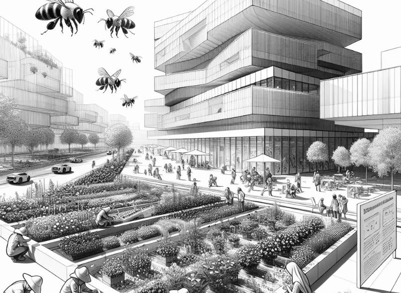 Bees-flying-above-a-pollinator-garden-lot