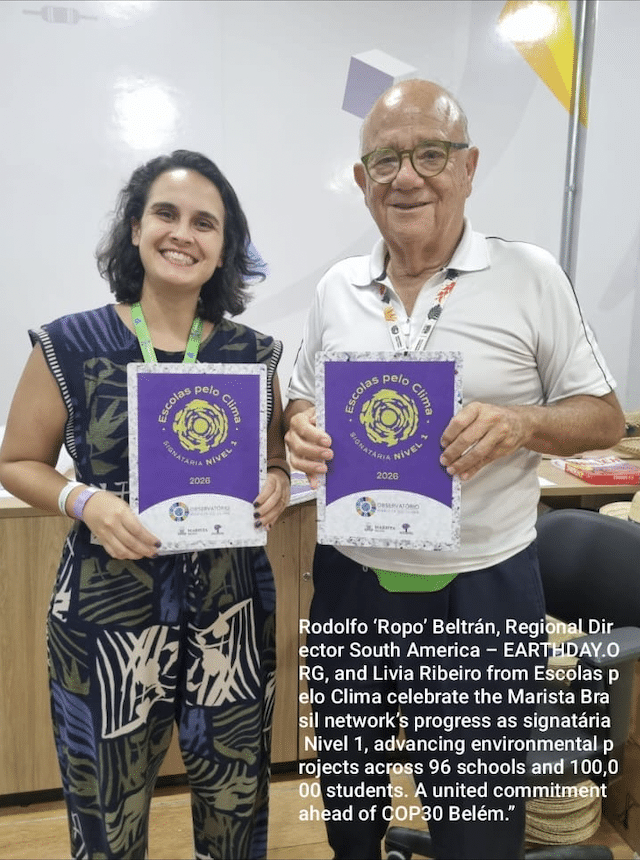 A COP 30 Belém, Ropo Beltran with EARTHDAY Honorary Partner Libia Ribeiro, director of “Escolas Pelo Climate”
