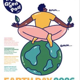 My Green Pod cover for April, 2026, featuring Earth Day and meditator on the globe