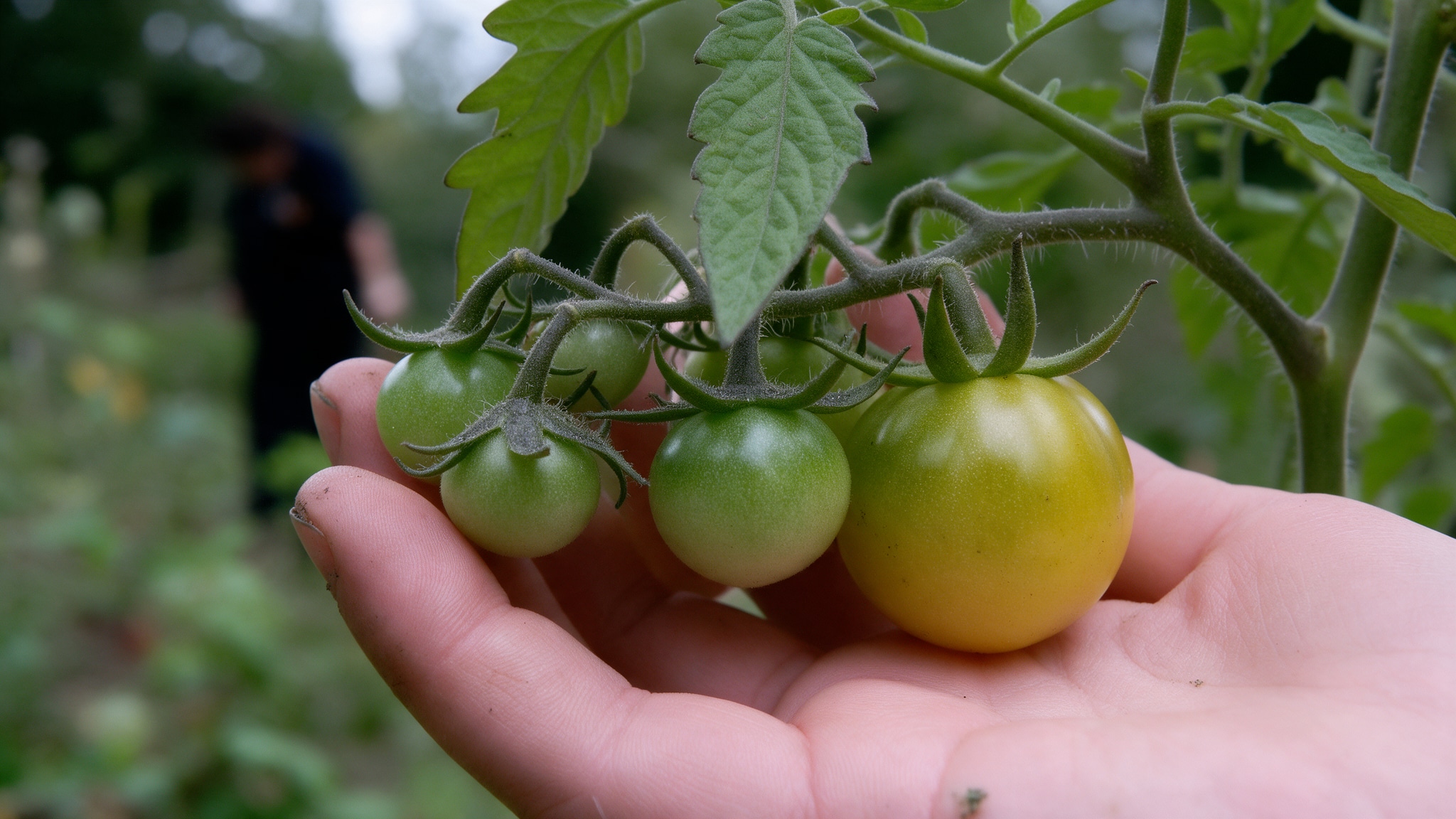 Hand holding green tomatoes on the vine