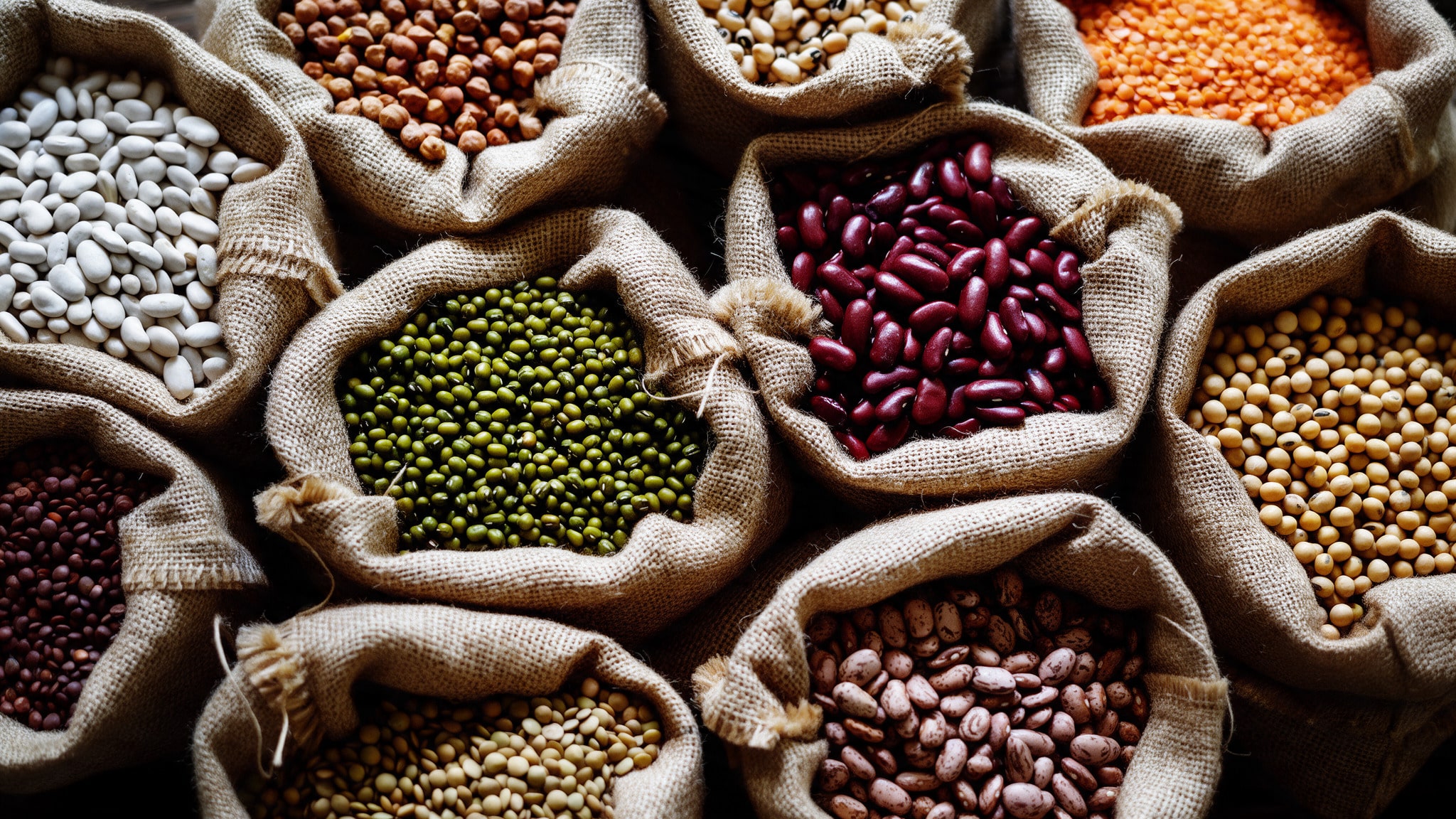 Burlap sacks of beans and lentils