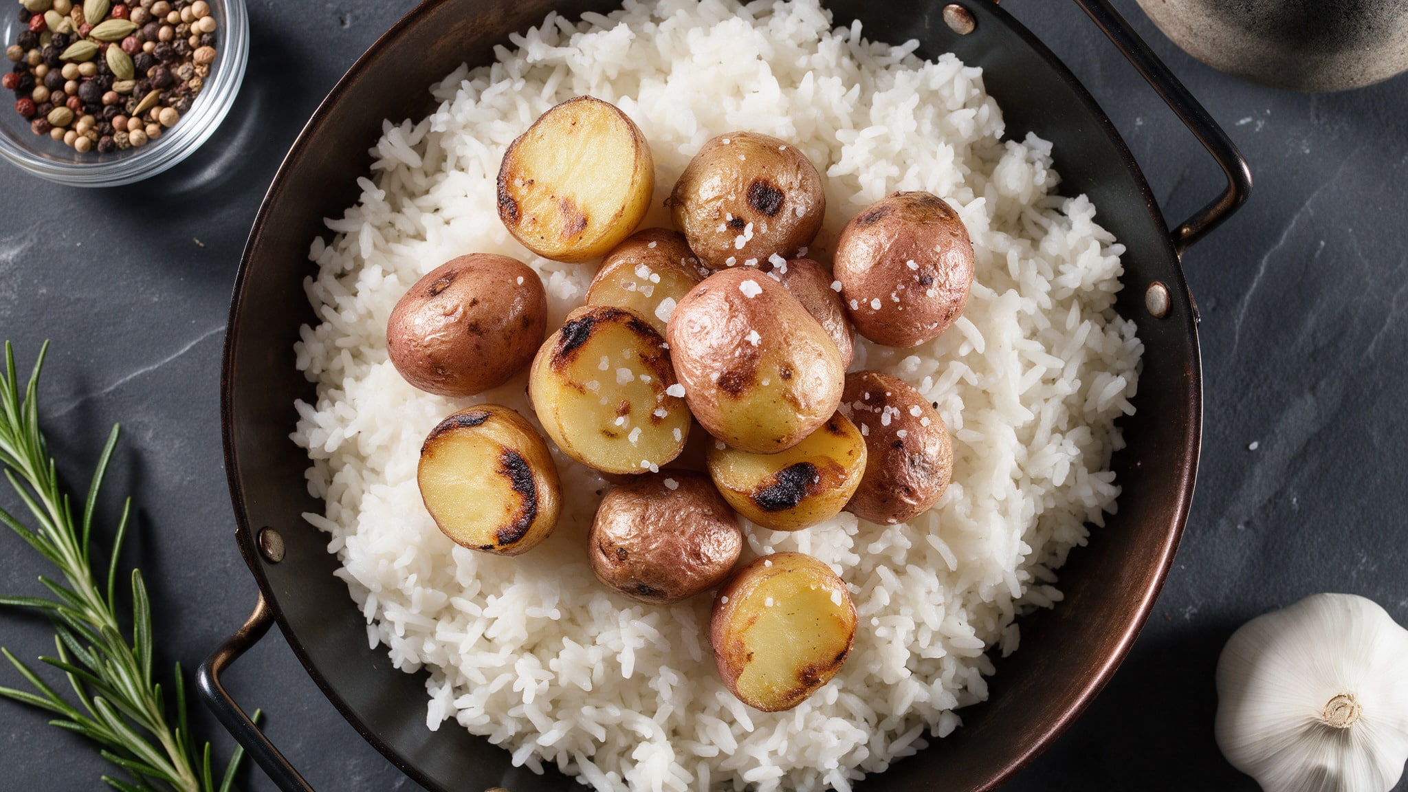 Roasted potatoes on white rice