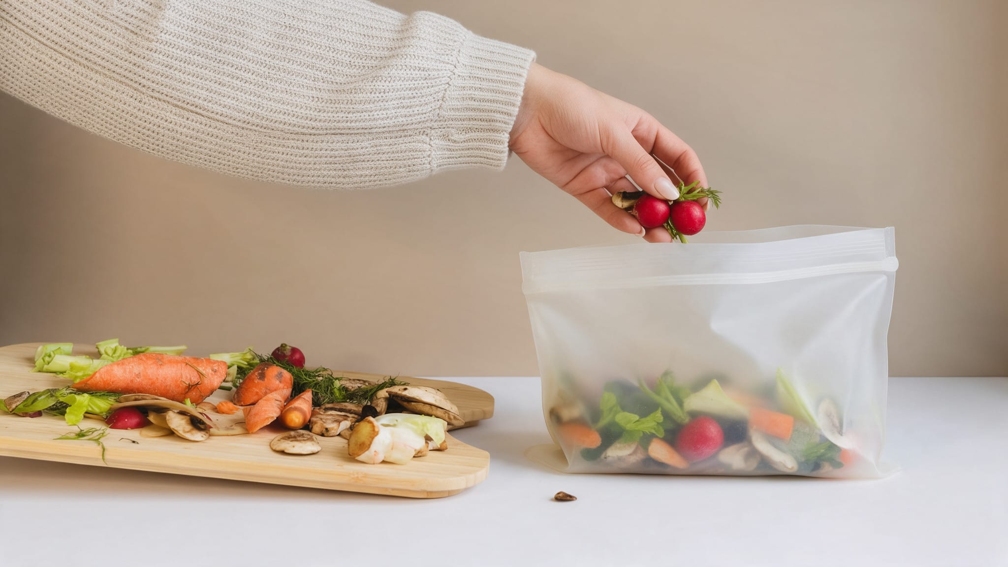 Person saving vegetable scraps in a reusable bag