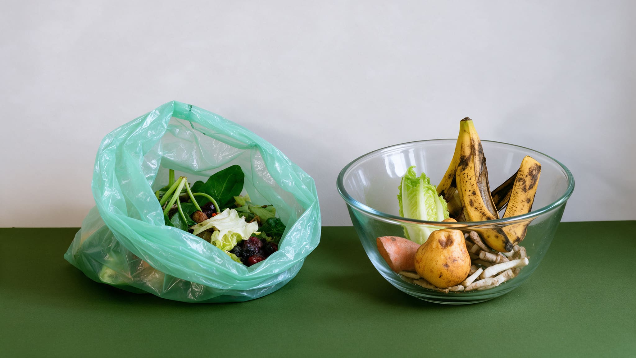 Bowl of food scraps next to a bag of vegetables