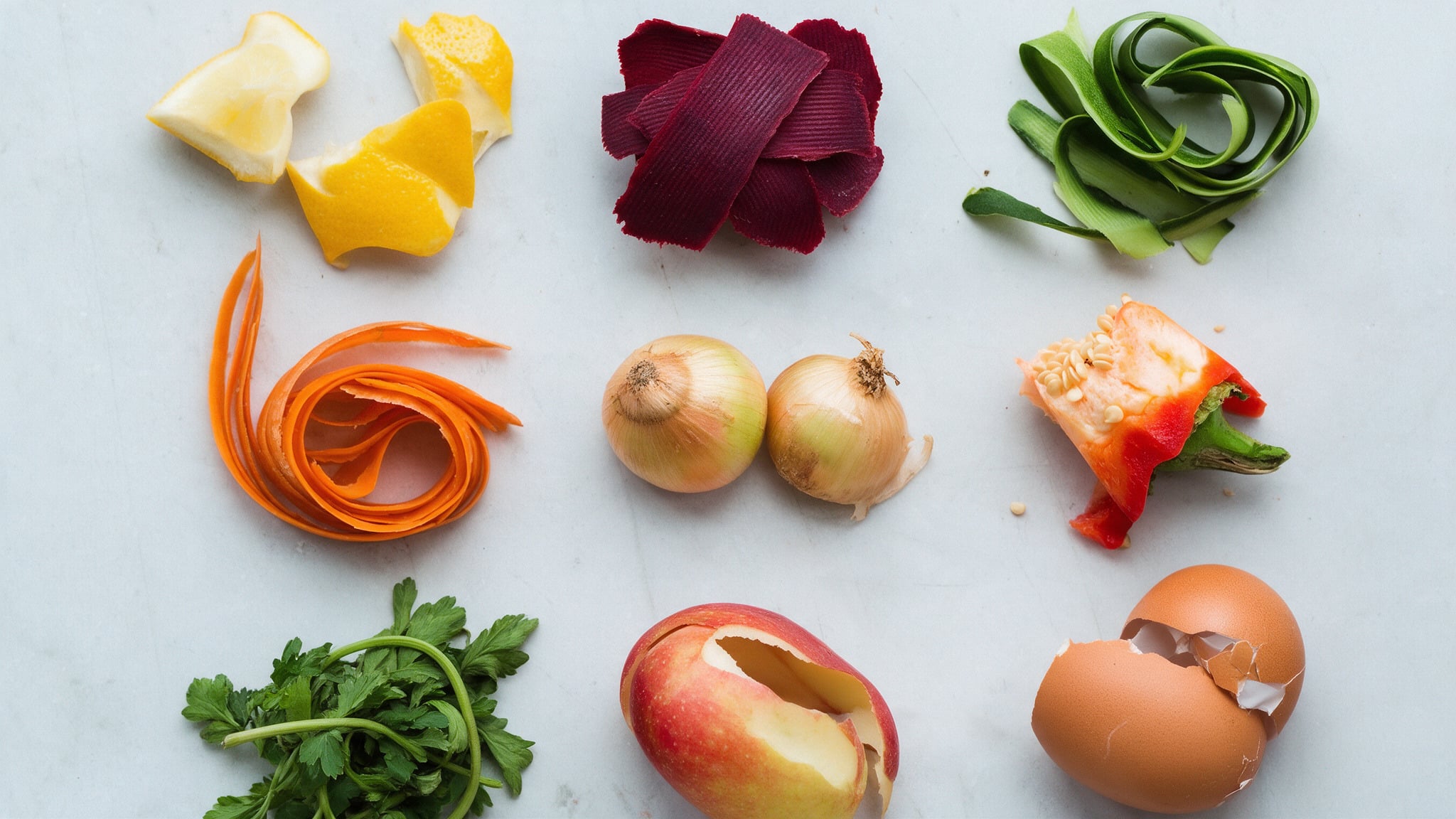 Food scraps and peels laid out on a table