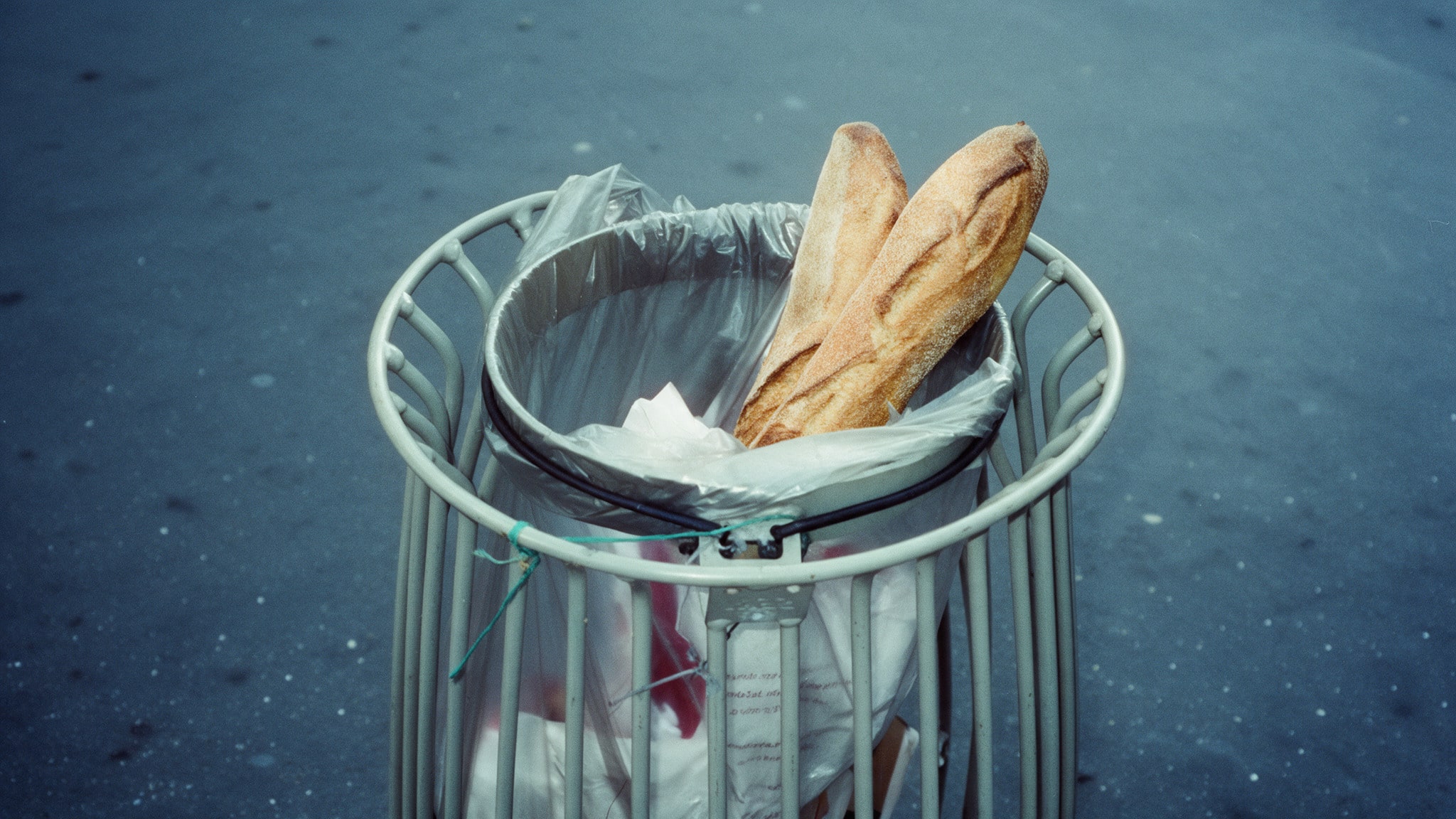 Bread loaves thrown in a trash can