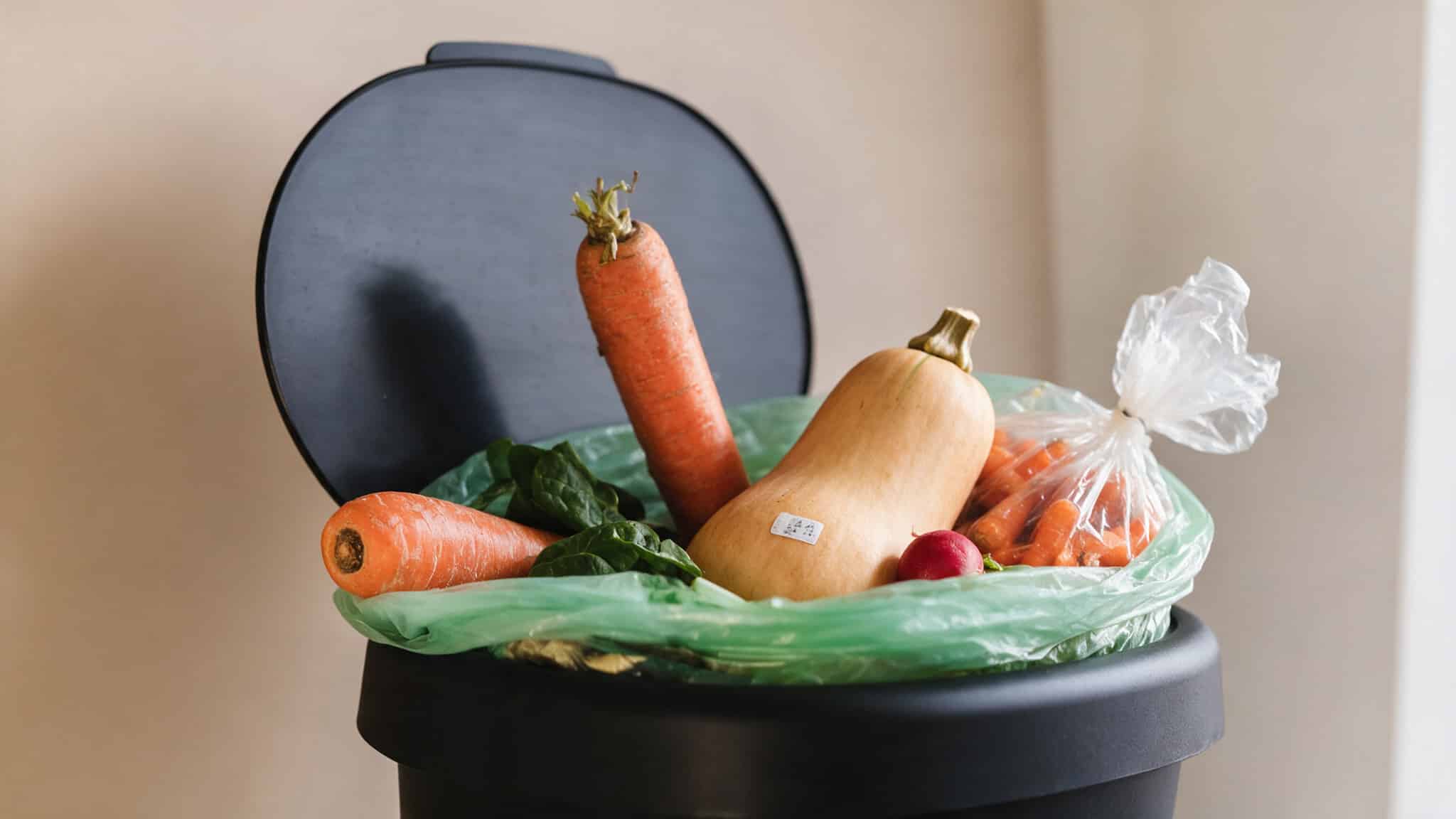 Vegetables in a kitchen trash bin