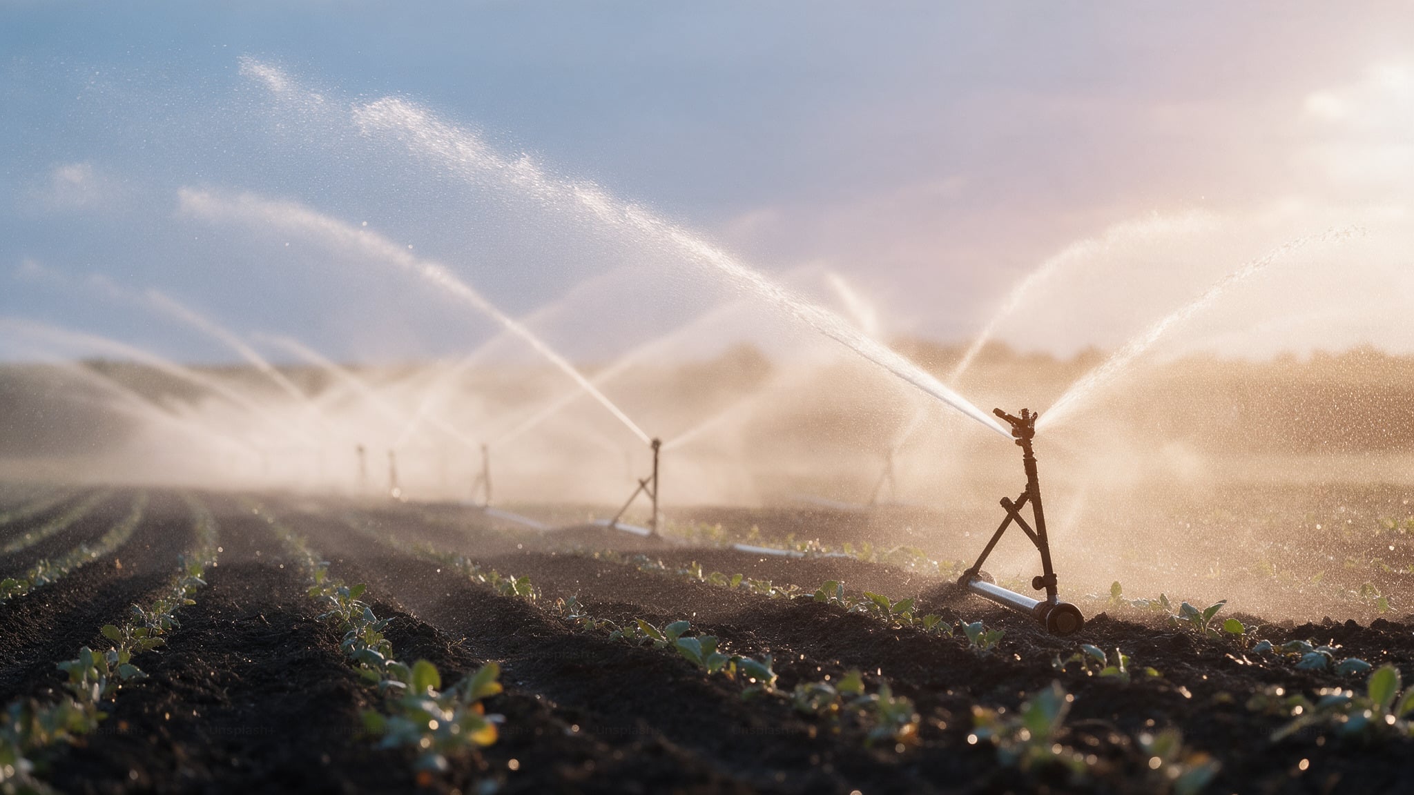 Irrigation sprinklers watering a farm field