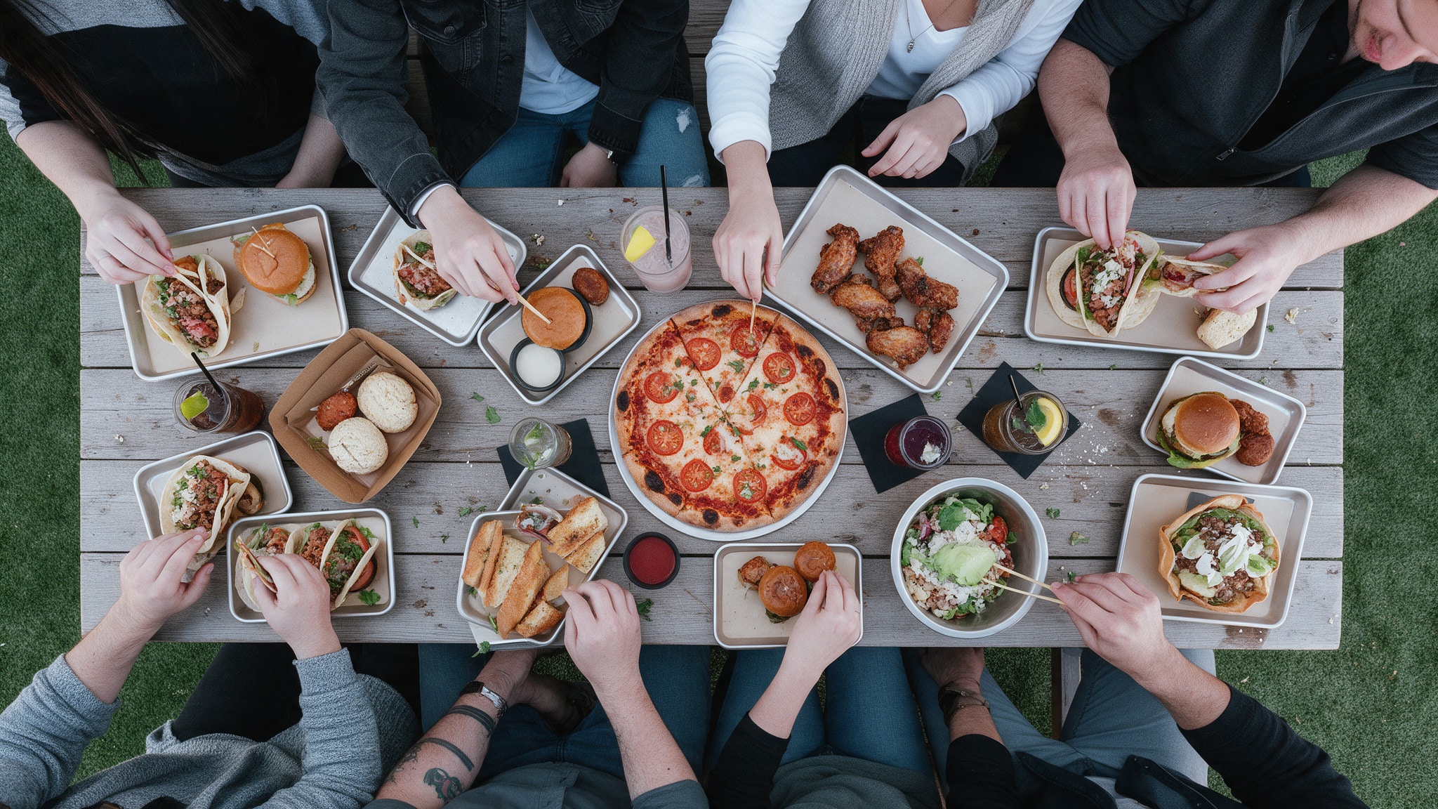 Group of people sharing a table of food