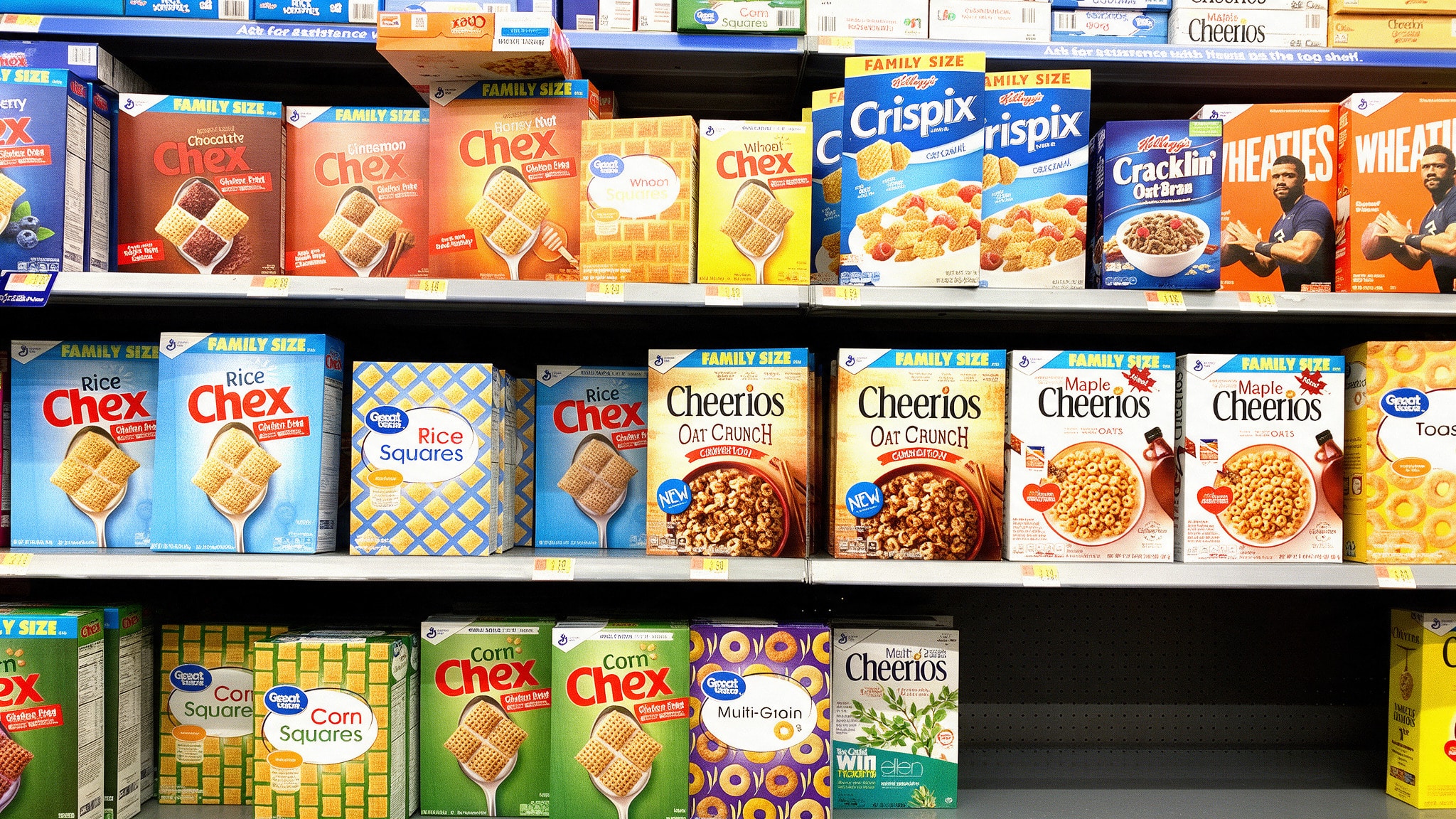 Boxes of cereal on store shelves