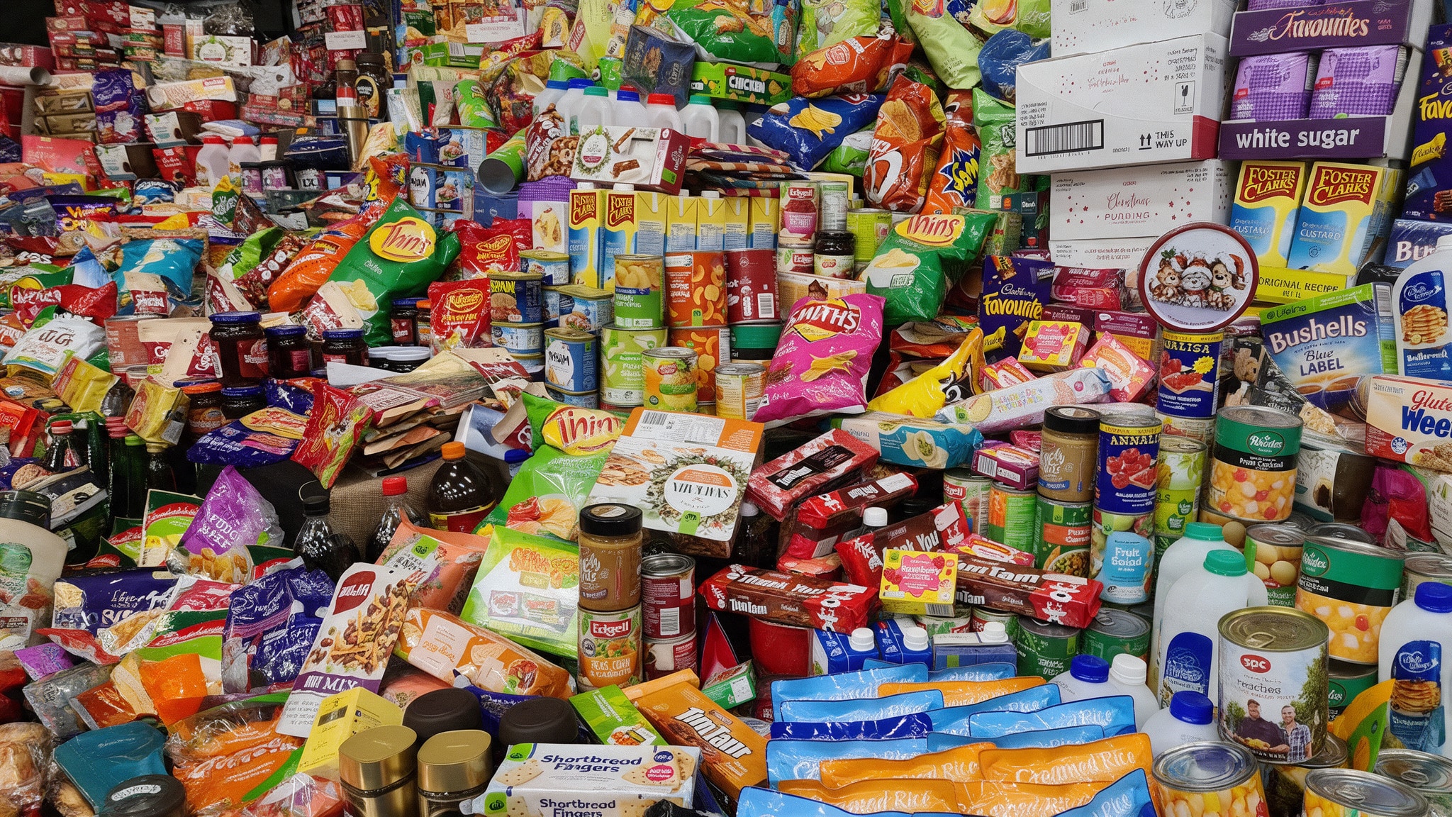 Pile of packaged snack foods